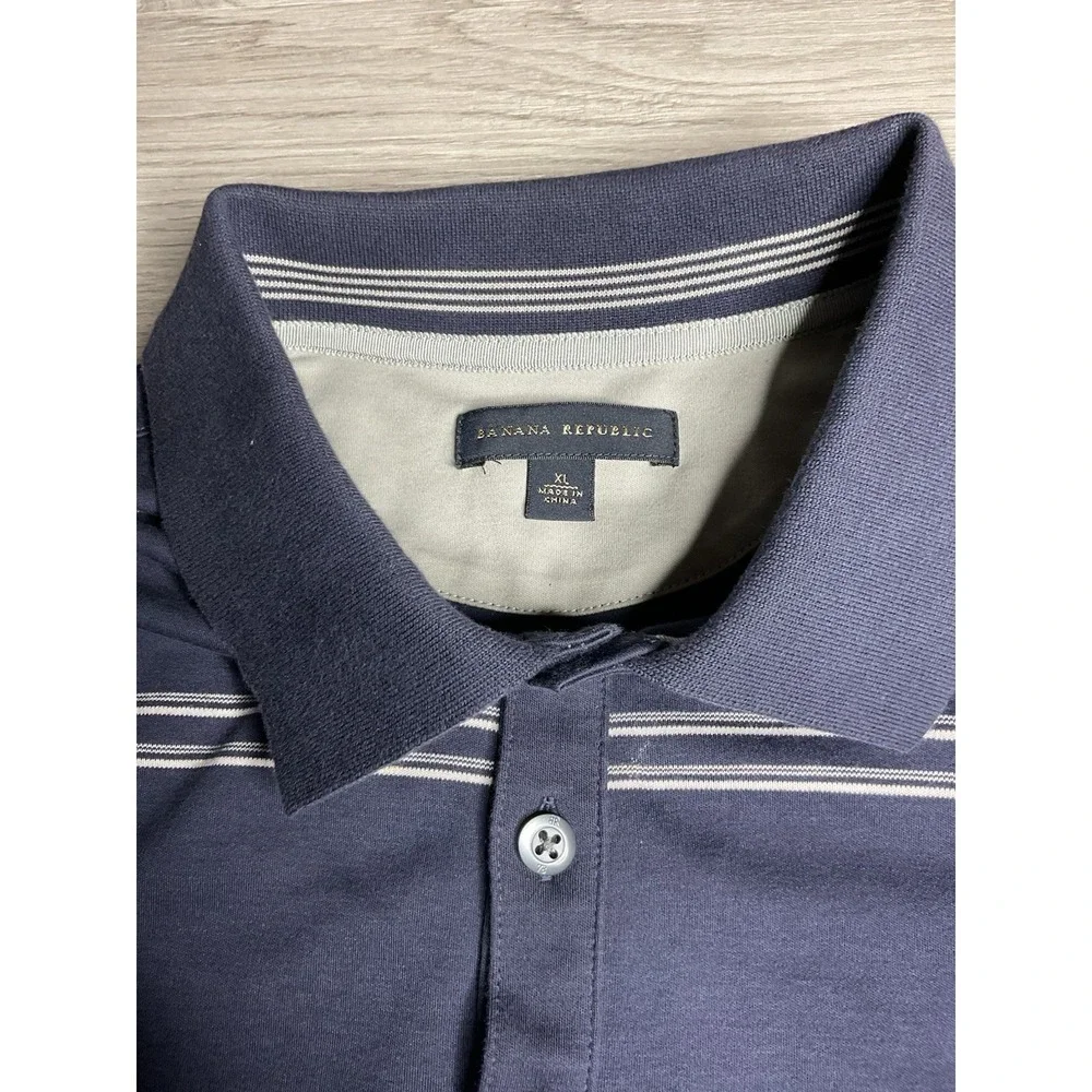 Banana Republic Mens XL Polo Shirt Navy Blue White Striped Short‎ Sleeve Cotton
